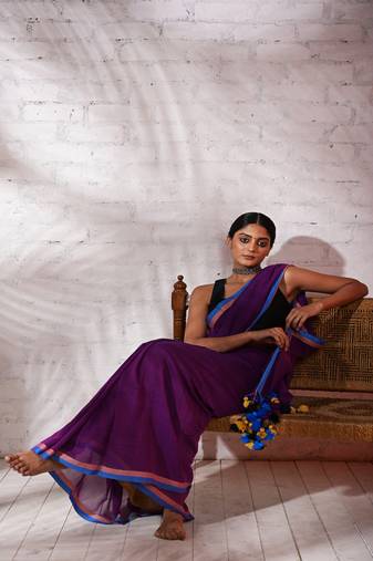 Violet cotton saree with pink and blue border Without blouse