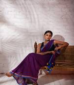 Violet cotton saree with pink and blue border Without blouse