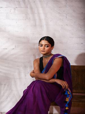 Violet cotton saree with pink and blue border Without blouse 2