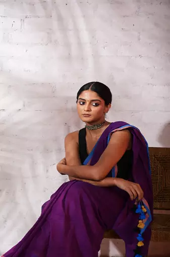 Violet cotton saree with pink and blue border Without blouse