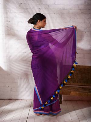 Violet cotton saree with pink and blue border Without blouse 3