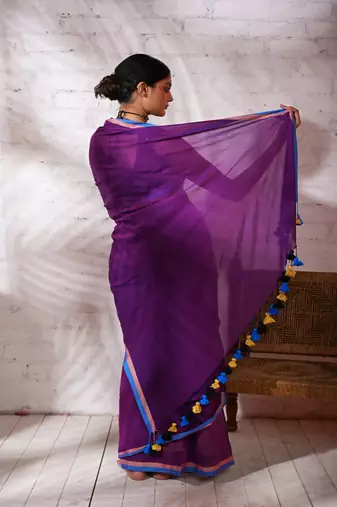 Violet cotton saree with pink and blue border Without blouse