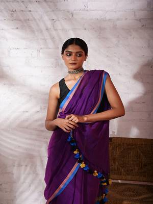 Violet cotton saree with pink and blue border Without blouse 4