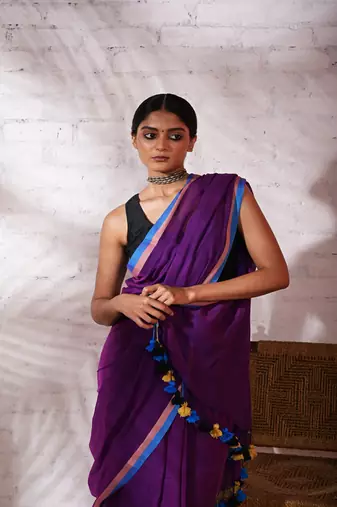 Violet cotton saree with pink and blue border Without blouse