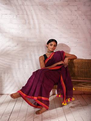 Purple cotton saree with pink and orange border Without blouse 1
