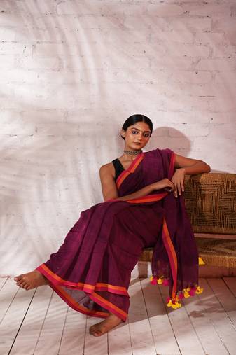 Purple cotton saree with pink and orange border Without blouse