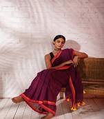 Purple cotton saree with pink and orange border Without blouse