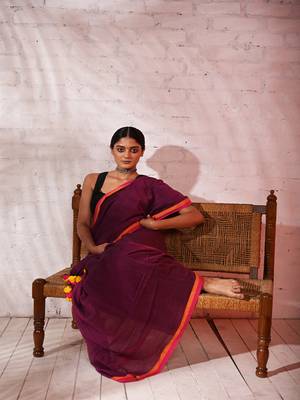 Purple cotton saree with pink and orange border Without blouse 2