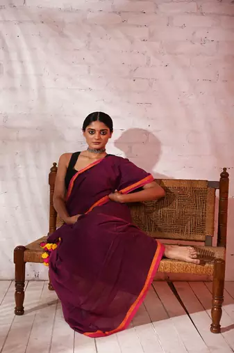 Purple cotton saree with pink and orange border Without blouse