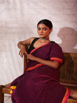 Purple cotton saree with pink and orange border Without blouse 3