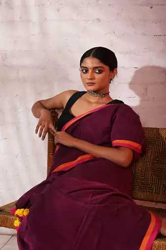 Purple cotton saree with pink and orange border Without blouse