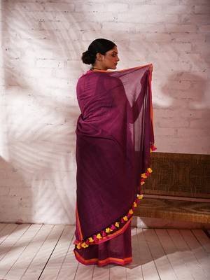 Purple cotton saree with pink and orange border Without blouse 4