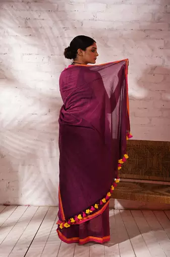 Purple cotton saree with pink and orange border Without blouse