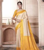 Mustard kanjivaram silk blend with Rich Gold Border And Elephant Motifs Saree With Blouse For Women