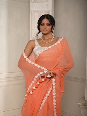 Peach pink cotton saree with stitched lace floral embroidered border Without blouse 1