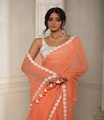 Peach pink cotton saree with stitched lace floral embroidered border Without blouse