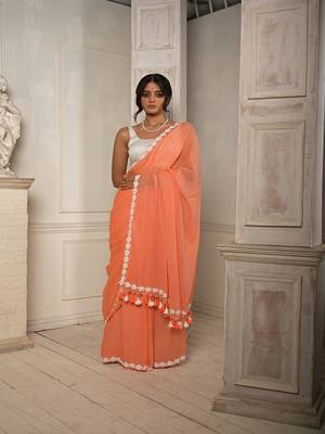 Peach pink cotton saree with stitched lace floral embroidered border Without blouse 2