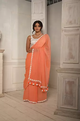 Peach pink cotton saree with stitched lace floral embroidered border Without blouse