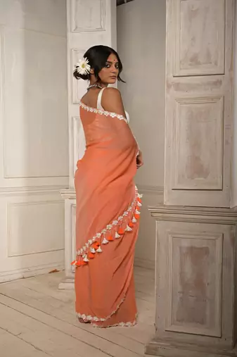 Peach pink cotton saree with stitched lace floral embroidered border Without blouse