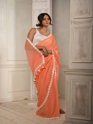 Peach pink cotton saree with stitched lace floral embroidered border Without blouse 4