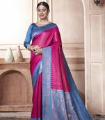 Indigo kanjivaram silk blend with Rich Gold Border And Elephant Motifs Saree With Blouse For Women