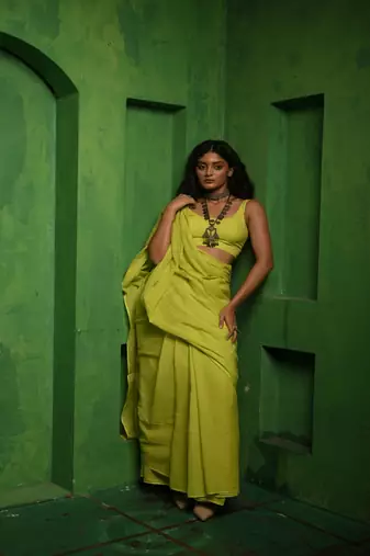 Lime green handloom mul modal saree Without blouse