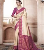 Cream kanjivaram silk blend with Rich Gold Border And Elephant Motifs Saree With Blouse For Women