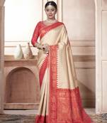 Ruby kanjivaram silk blend with Rich Gold Border And Elephant Motifs Saree With Blouse For Women