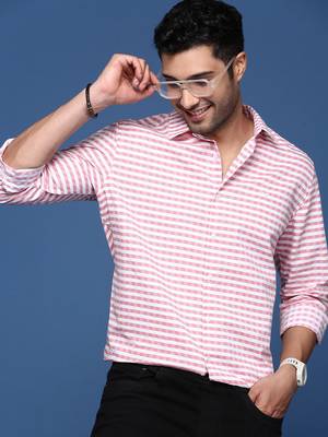 Showoff men's checked slim fit peach shirt 1