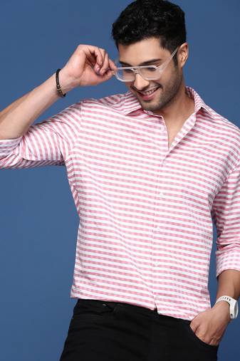 Showoff men's checked slim fit peach shirt
