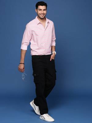 Showoff men's checked slim fit peach shirt 5