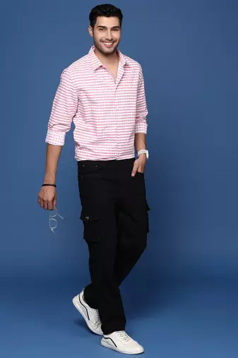 Showoff men's checked slim fit peach shirt