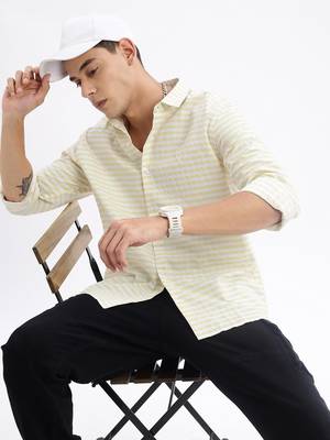 men's long sleeves gingham checks slim fit yellow shirt 1