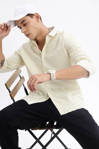 men's long sleeves gingham checks slim fit yellow shirt