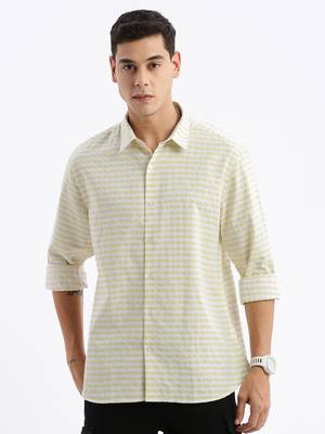 men's long sleeves gingham checks slim fit yellow shirt 2
