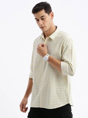 men's long sleeves gingham checks slim fit yellow shirt 3