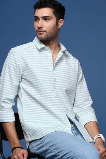 men's checked slim fit sea green shirt