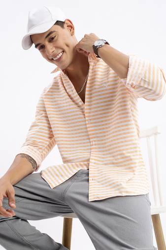 men's long sleeves gingham checks slim fit orange shirt