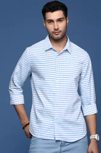 men's checked slim fit blue shirt