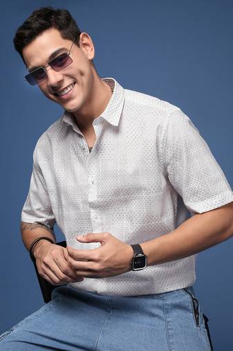men's micro print white slim fit shirt