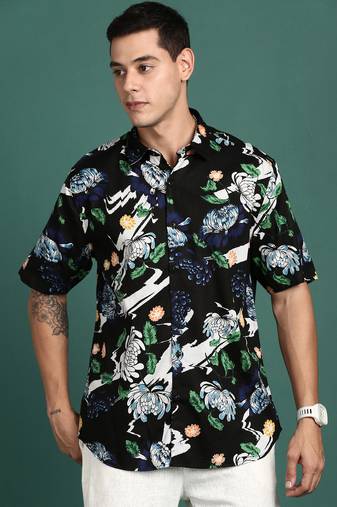 men's floral black slim fit shirt