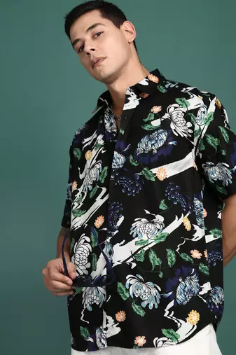 men's floral black slim fit shirt
