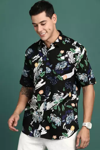 men's floral black slim fit shirt