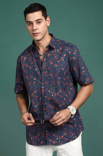 men's floral navy blue slim fit shirt