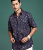 men's floral navy blue slim fit shirt