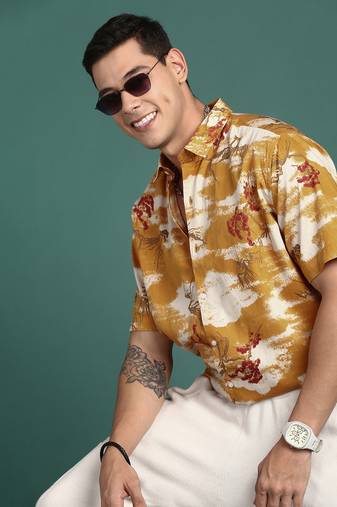 men's floral mustard slim fit shirt