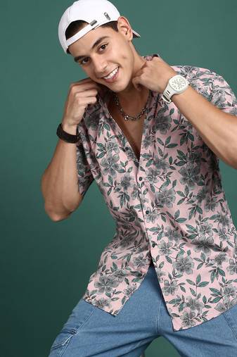 men's floral pink slim fit shirt