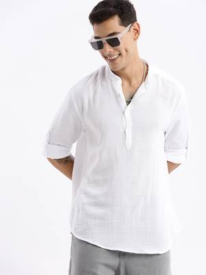 men's long sleeves solid slim fit white shirt 1