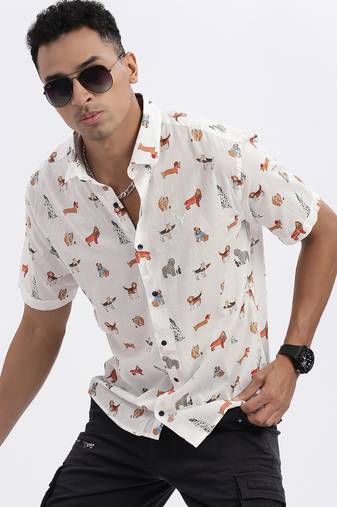 men's white graphic slim fit shirt