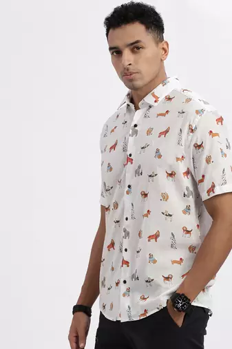 men's white graphic slim fit shirt